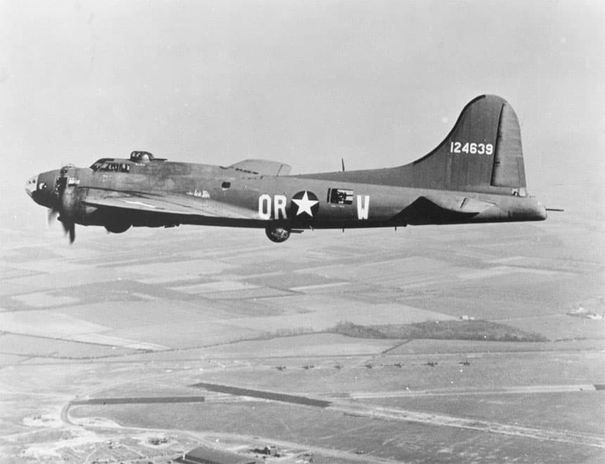 A B-17F of the 323rd Bomb Squadron, 91st Bomb Group, in flight over England, 1943
