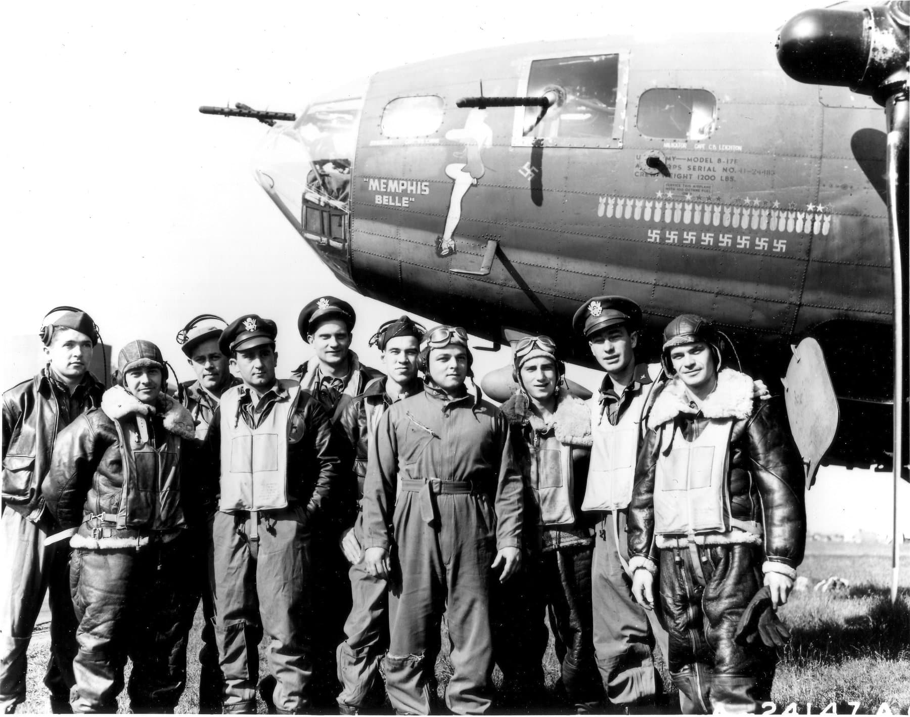 The Memphis Belle crew posing in front of their B-17F in 1943