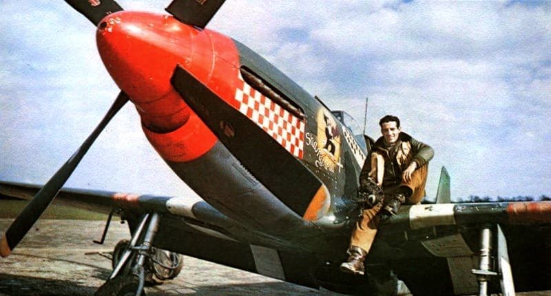 Don Gentile on the wing of his P-51B Shangri-La, nose art by Don Allen
