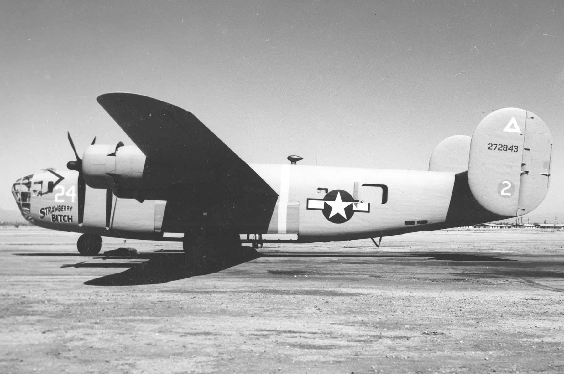 The B-24D Liberator Strawberry Bitch of the 376th Bomb Group in desert camouflage