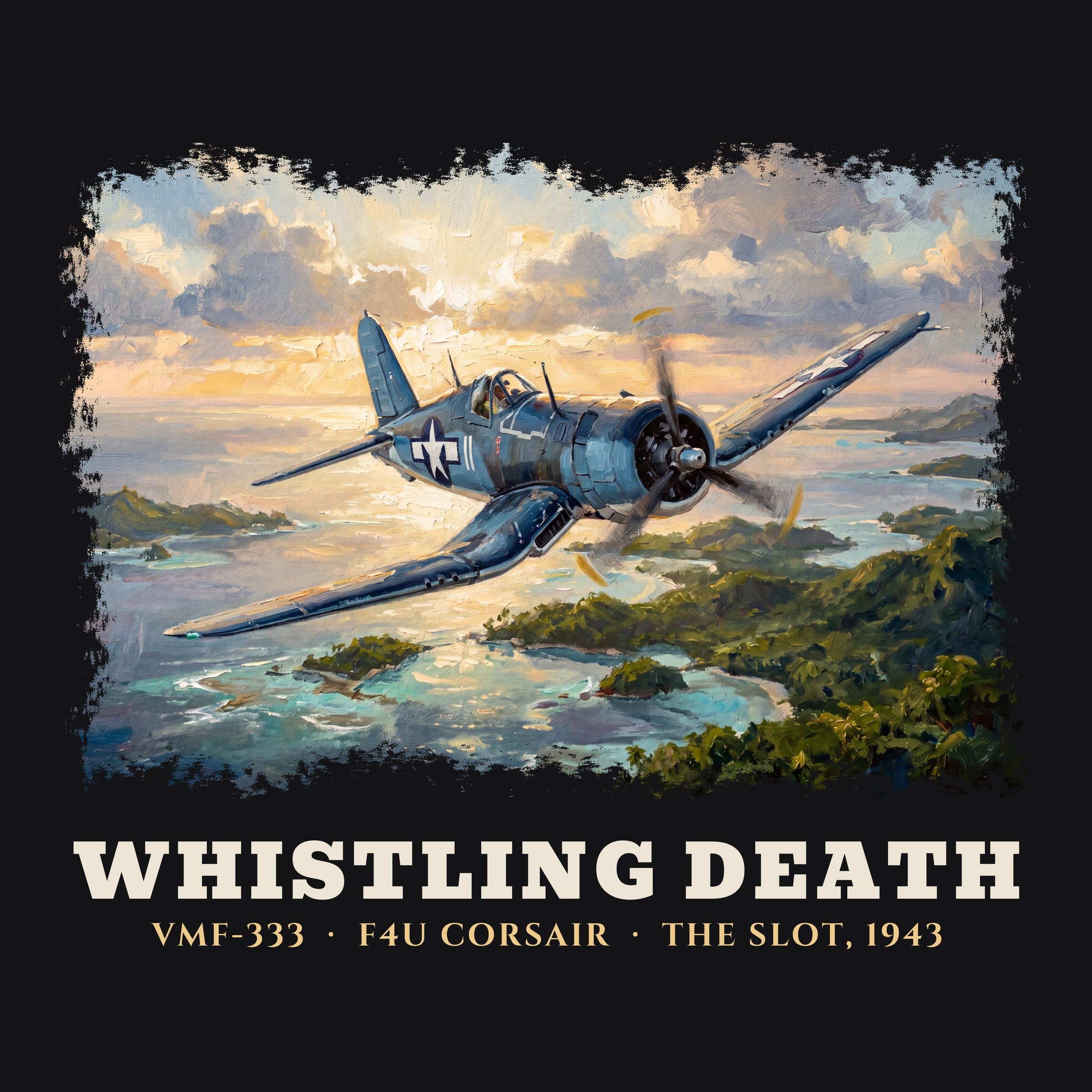 Close-up of the Whistling Death print: F4U Corsair over the Solomon Islands, 1943