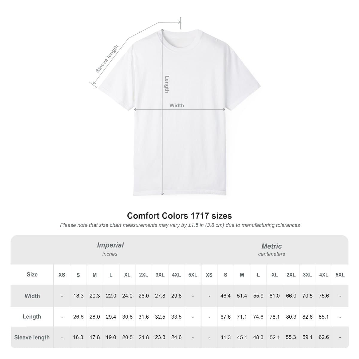 Comfort Colors 1717 size chart with width, length and sleeve measurements for S to 4XL