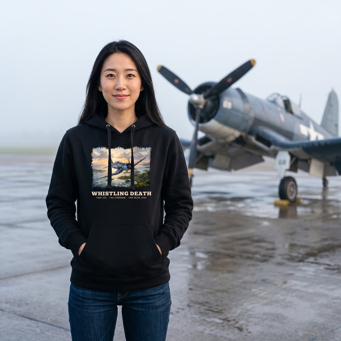 Woman with long black hair wearing the black Whistling Death hoodie on a misty flight line with an F4U Corsair